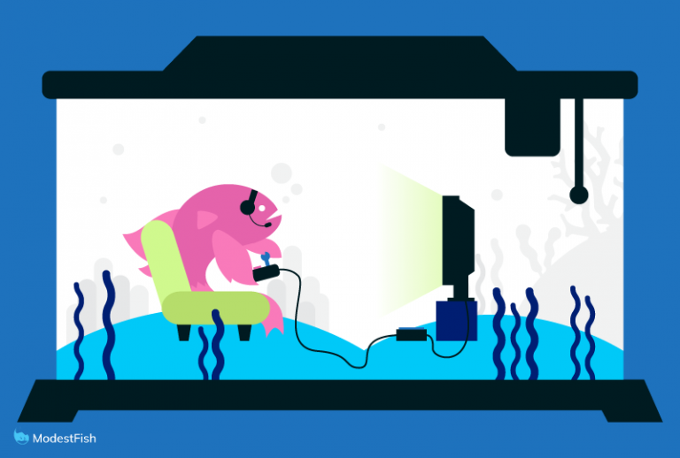 Betta fish playing video games in its fish tank