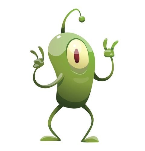 Vector cartoon image of a funny plankton with one big eye, with an antenna, with arms and legs, standing and showing the sign of the horns on a white background. Positive character. Creature.