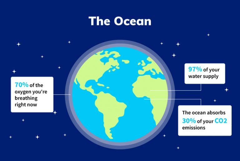 The earth with annotations with facts about the ocean